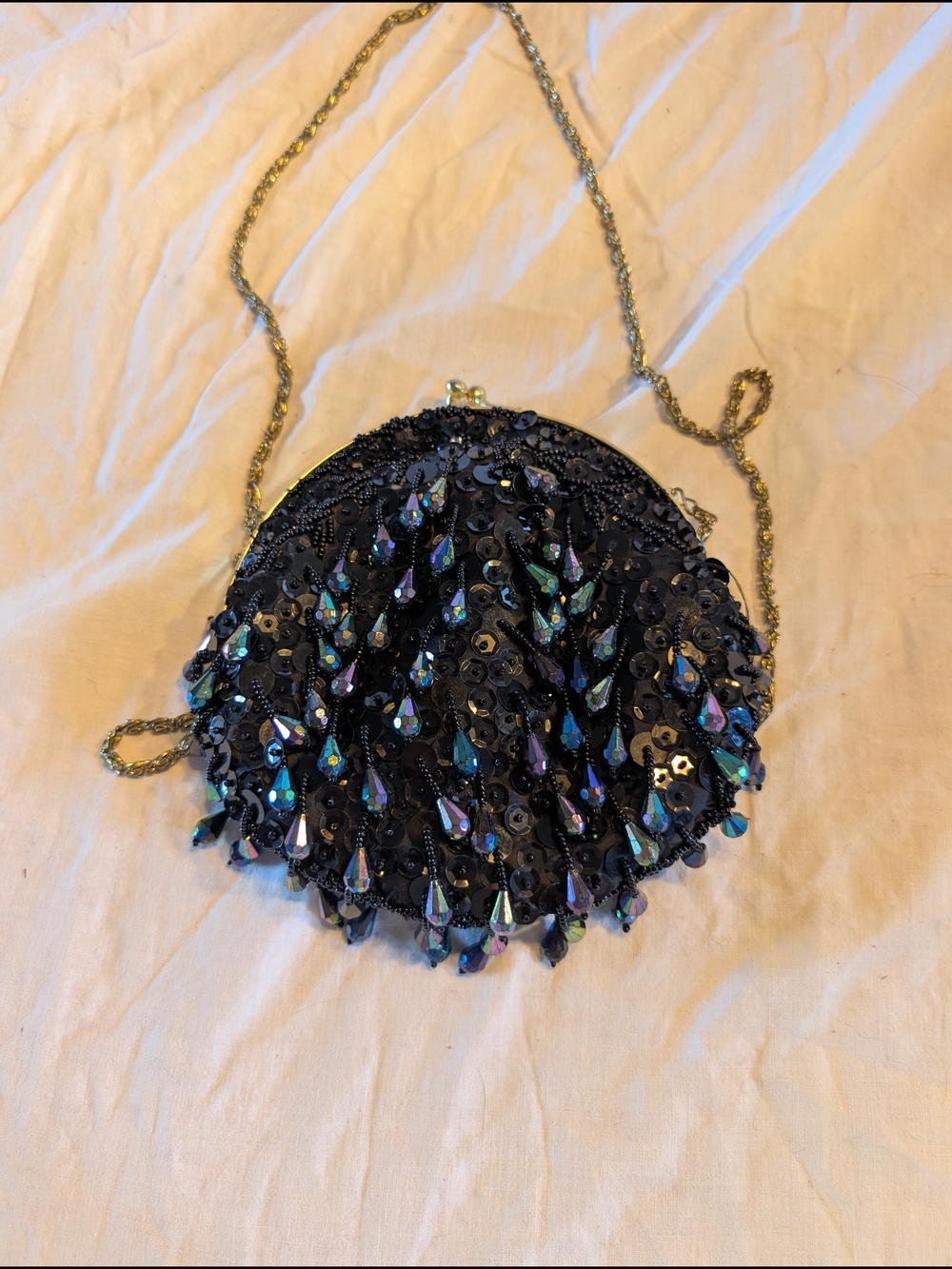 2/60$ Vintage Black Beaded Sequin Clutch with Iridescent Teardrops - Picture 3 of 7